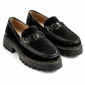 Donald Pliner 7M Black Suede & Patent Leather Lug Sole Loafers Gunmetal Horsebit
